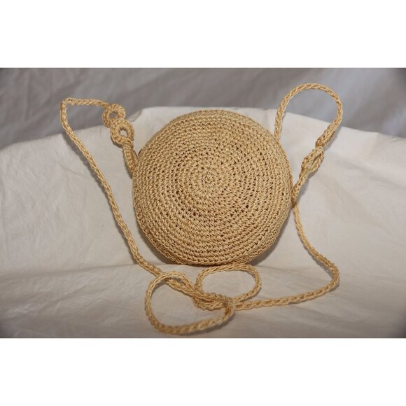 Vintage 1960's Crochet Round Purse Shoulder Crossbody Bag Beige Handmade Zipper - Picture 1 of 8